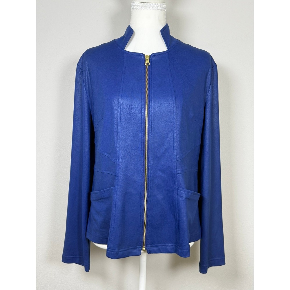 Clara Sunwoo Cobalt Blue Liquid‎ Leather Zip Jacket Womens M Quiet Luxury